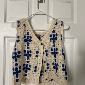 Crochet Button-Up Vest with Blue Floral Pattern